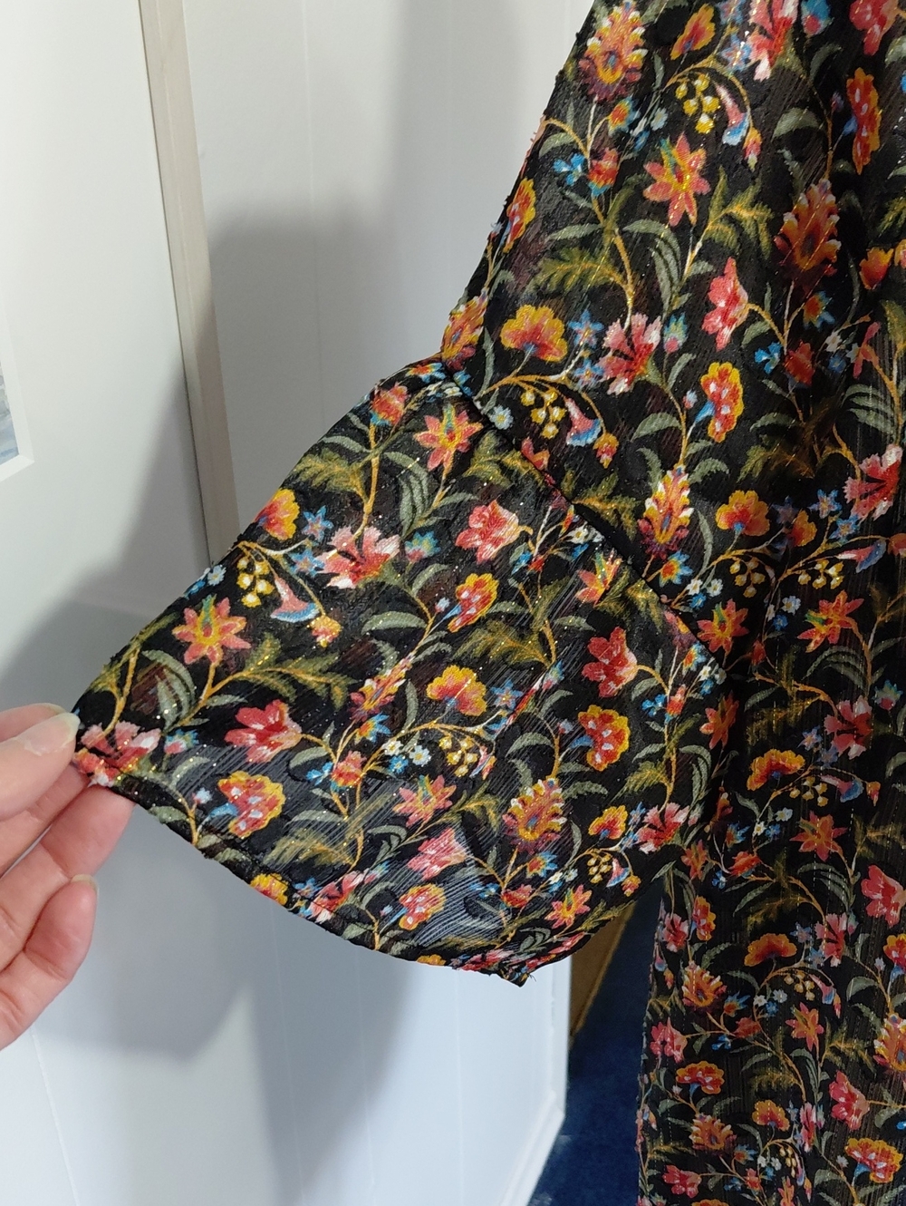 LOFT Black Floral Short-Sleeve Peasant Blouse with Pink & Red Flowers - Picture 9 of 11
